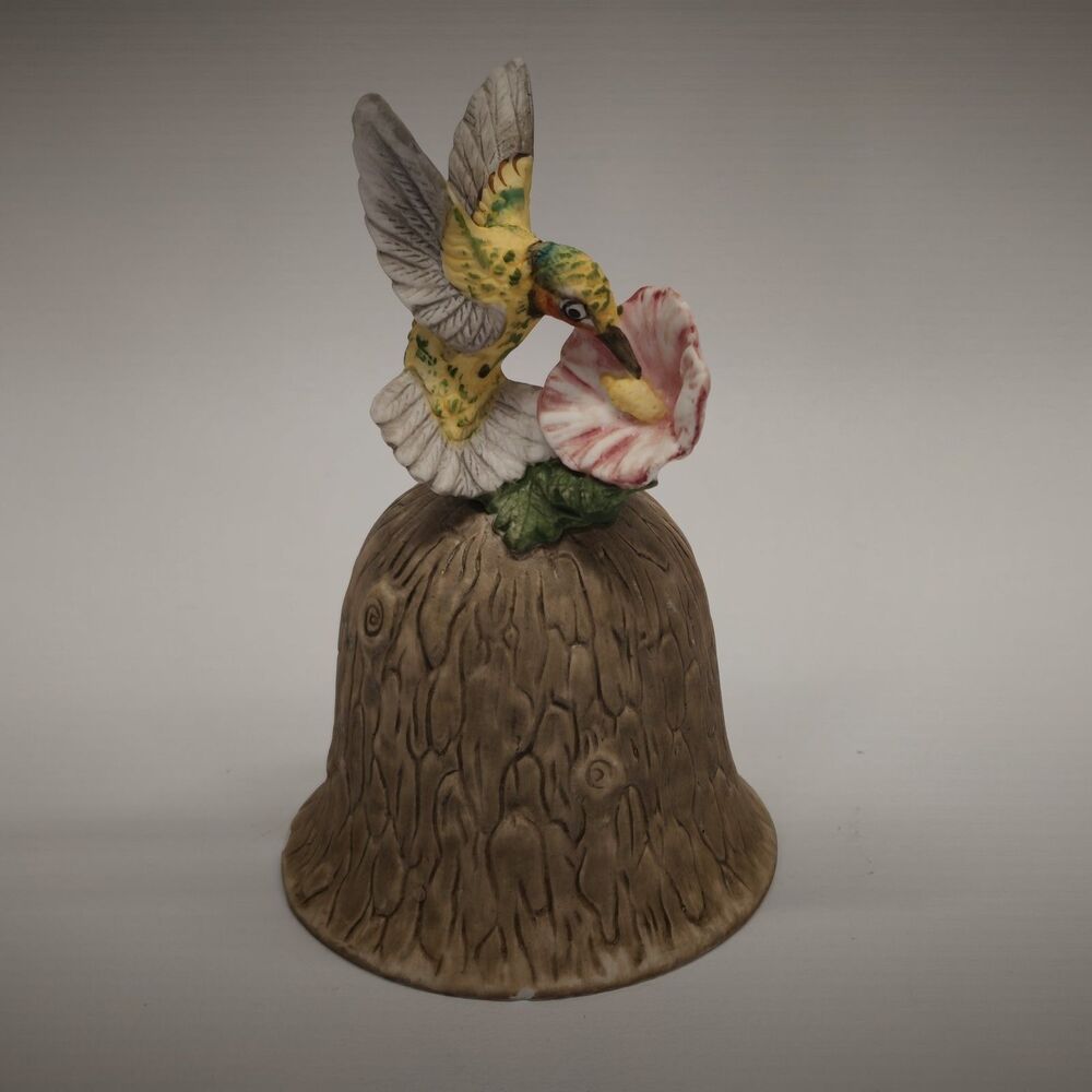 Vintage Towle Fine Bone China Hummingbird Hand Bell Floral Tree Stump Taiwan 4in